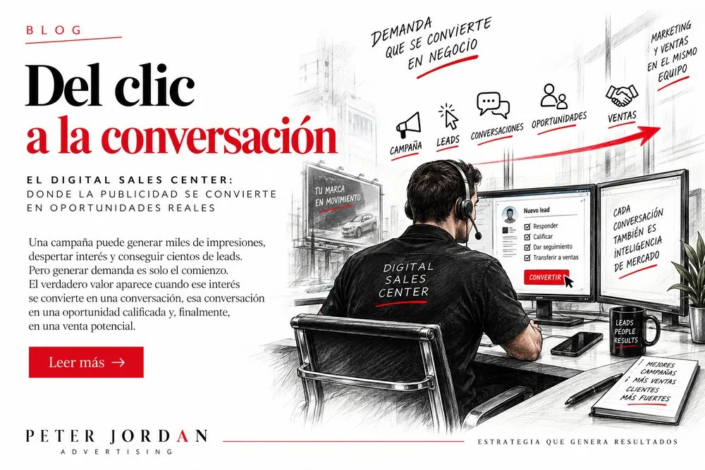 Portada del blog de Peter Jordan: Del clic a la conversación, un agente del Digital Sales Center frente a sus pantallas