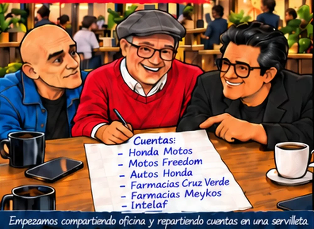 Ilustración de Manuel Kairé, Willy Paiz y Wicho López en la oficina pequeña donde empezaron, con una servilleta de anotaciones sobre la mesa