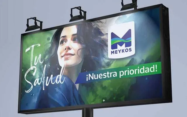 Farmacias Meykos, valla Tu salud, ¡nuestra prioridad!: retrato en acuarela de una mujer sonriendo junto al logo de Meykos