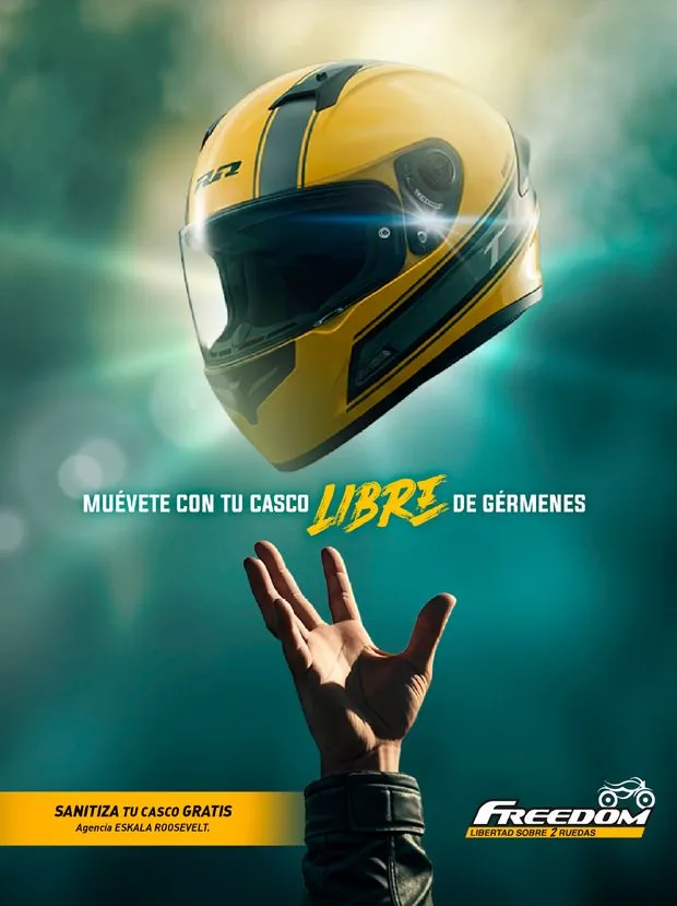 Freedom, campaña Casco libre de gérmenes: un casco amarillo flota sobre una mano abierta