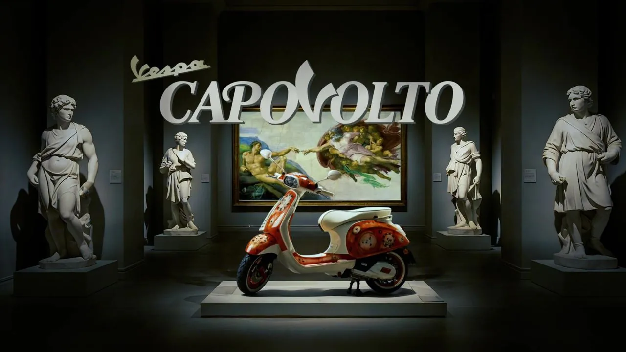 Vespa intervenida exhibida en un museo entre esculturas, campaña Capovolto