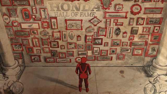 Honda Motos, comercial animado Legado: un motorista frente al muro del Hall of Fame de Honda