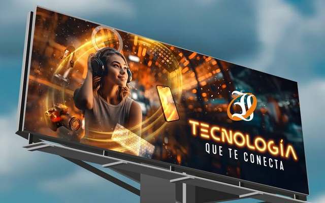 Intelaf, valla Tecnología que te conecta: una joven con audífonos rodeada de cámara, teclado y celular en luz naranja