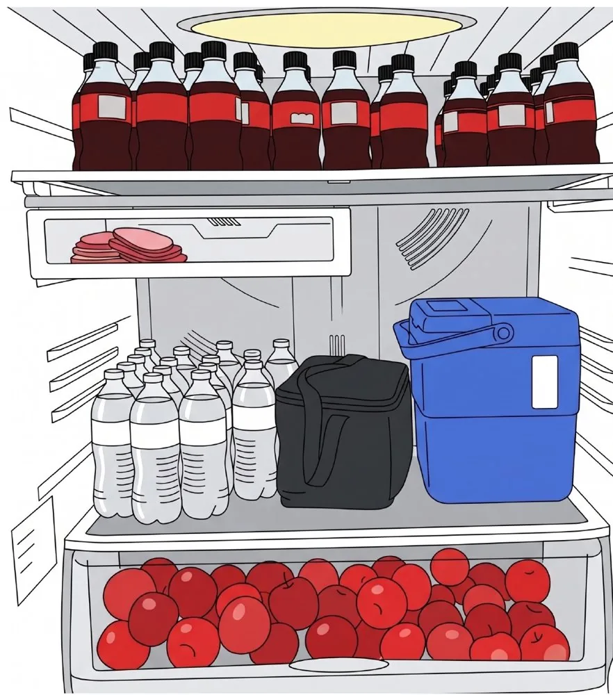 Ilustración de la refrigeradora de Peter Jordan, con la gaveta de abajo llena de manzanas