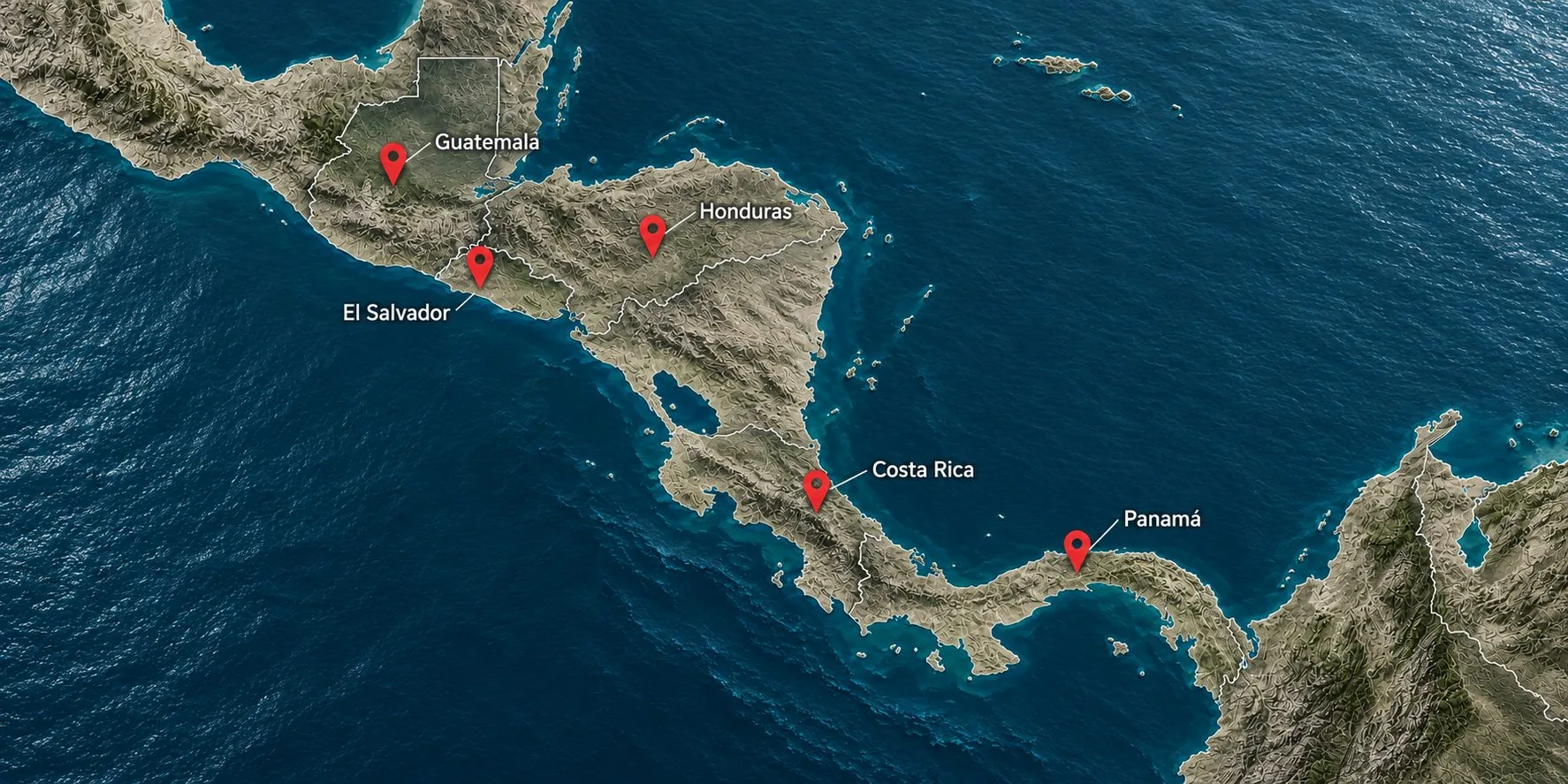 Mapa de Centroamérica con oficinas de Peter Jordan en Guatemala, El Salvador, Honduras, Costa Rica y Panamá