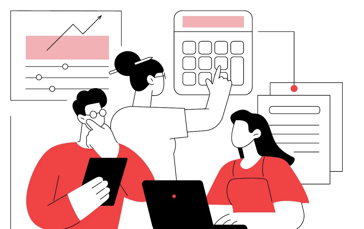 Ilustración del equipo de Peter Jordan trabajando con gráficas, calculadora y computadora
