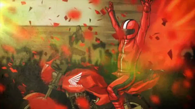Honda Motos, spot animado Súbete a las alas 2026: un motorista de rojo celebra sobre su Honda entre una lluvia de pétalos