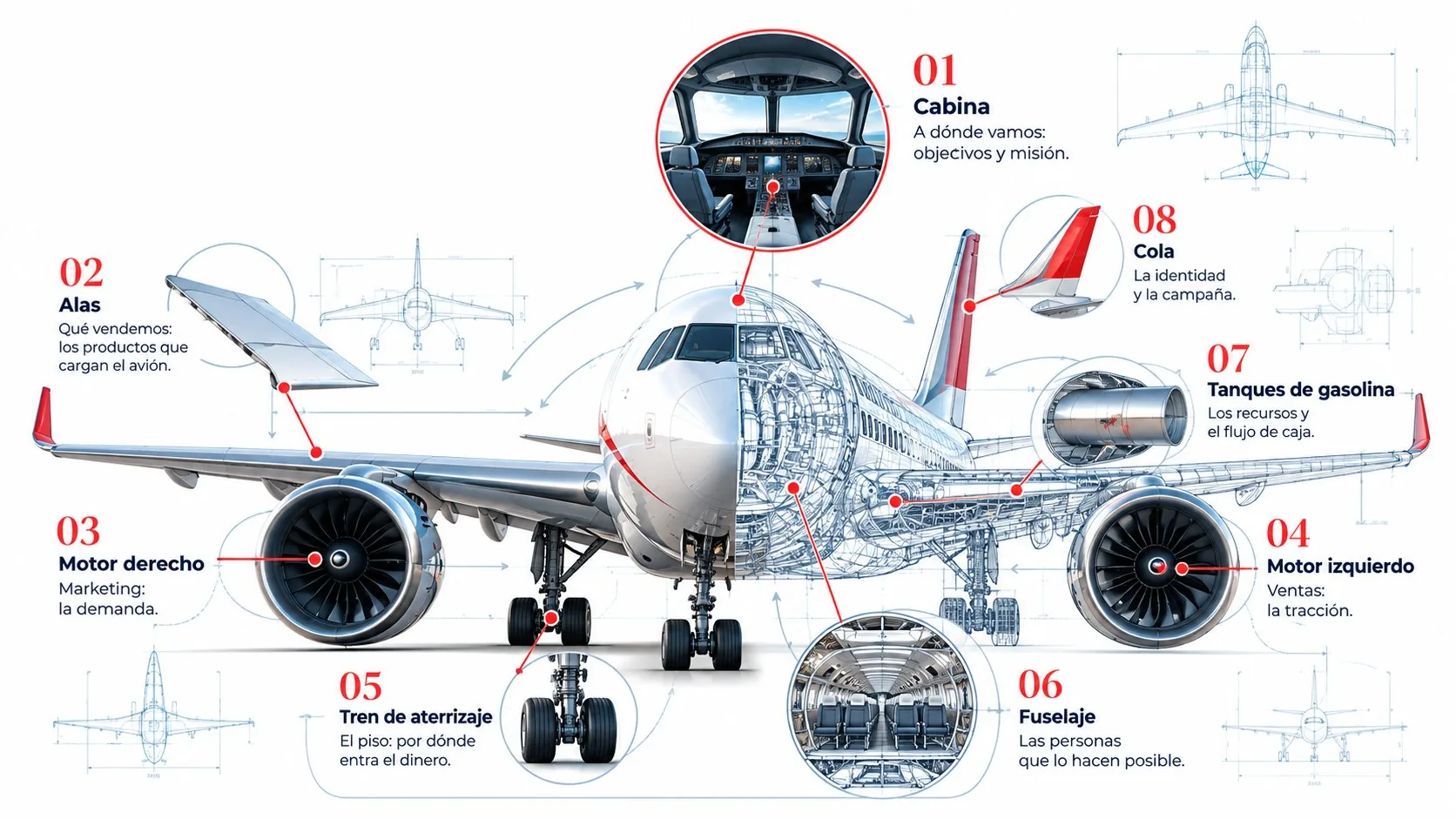 El avión del Strategic Business Flight Plan: cabina, alas, motor derecho, motor izquierdo, tren de aterrizaje, fuselaje, tanques de gasolina y cola, numerados del 01 al 08
