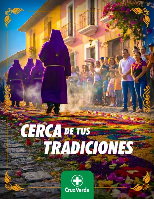 Farmacias Cruz Verde, campaña Cerca de tus tradiciones: procesión sobre una alfombra en Antigua Guatemala