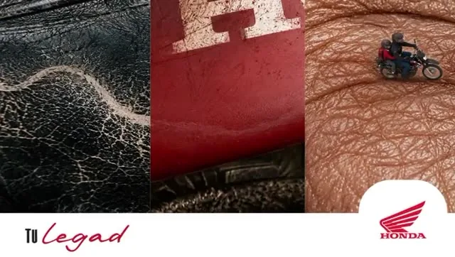 Honda Motos, pantalla digital Tu legado: tríptico de texturas de cuero, lona roja y piel con una Honda en marcha