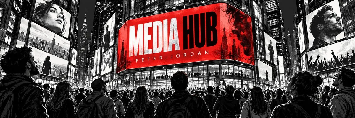 Ilustración del Media Hub de Peter Jordan: una multitud en la ciudad bajo pantallas de medios