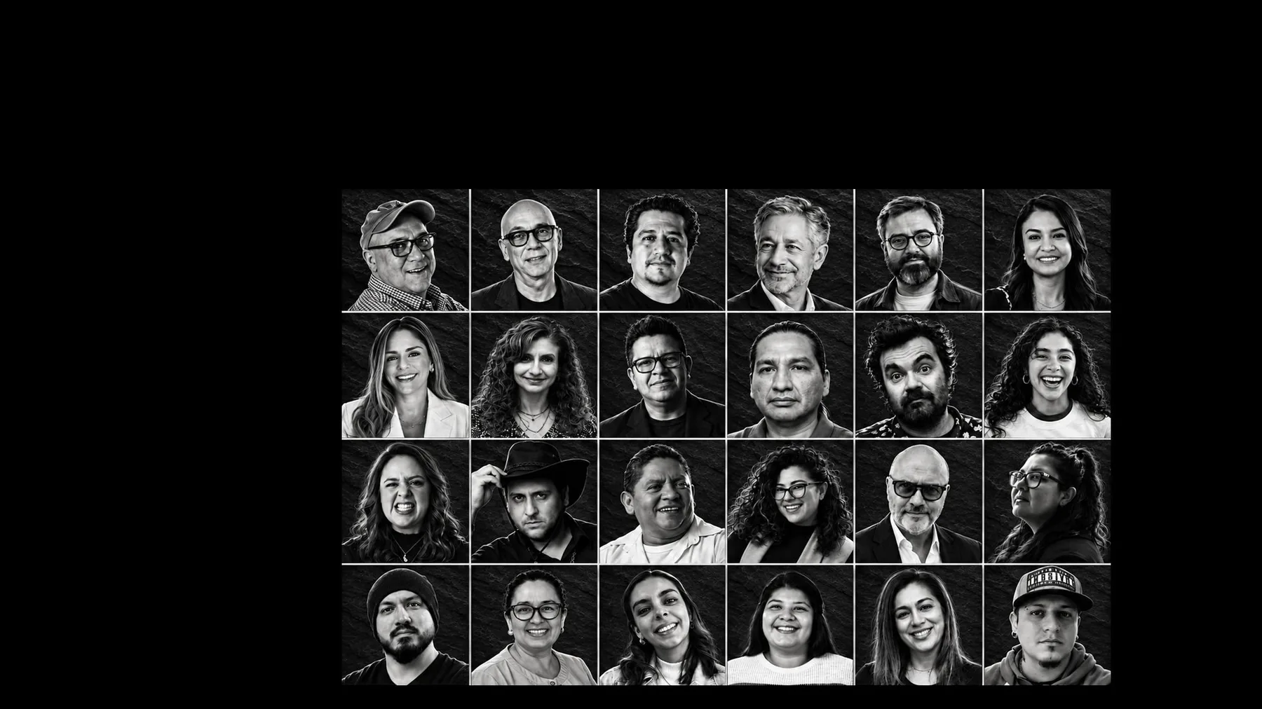 Mosaico de 24 retratos en blanco y negro del equipo de Peter Jordan
